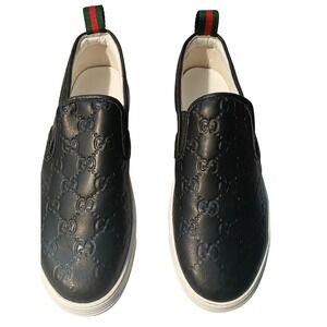 Gucci Black Guccissima Leather GG Monogram Slip On Platform Sneakers Mens 407362